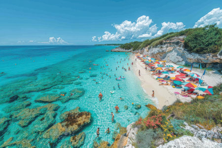 A tropical beach paradise with powdery white sand and swaying palm trees. The emerald waters gently lap against the shore.の素材