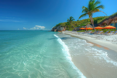 A tropical beach paradise with powdery white sand and swaying palm trees. The emerald waters gently lap against the shore.の素材