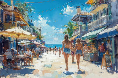 A bustling beach boardwalk lined with colorful shops and lively cafes.の素材
