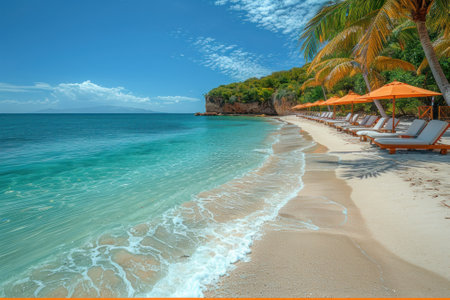 A tropical beach paradise with powdery white sand and swaying palm trees. The emerald waters gently lap against the shore.の素材