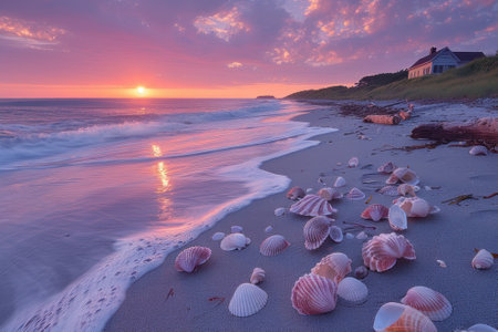 Beach at sunrise with the sky painted in soft pastel colors with sea shells.の素材