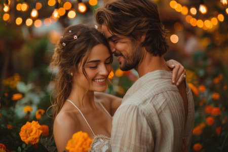 A couple in love dancing under a canopy of fairy lights in a garden filled with blooming flowers.の素材