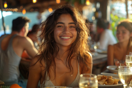 A woman in a cafe laughing joyfully with a group of friends over a shared meal.の素材