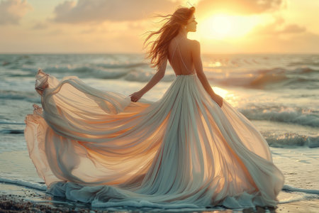 A woman at the beach standing with the sun light background.の素材