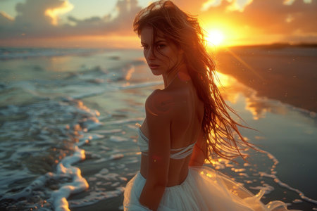 A woman at the beach standing with the sun light background.の素材