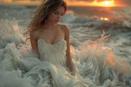 A woman at the beach standing with the sun light background.の素材