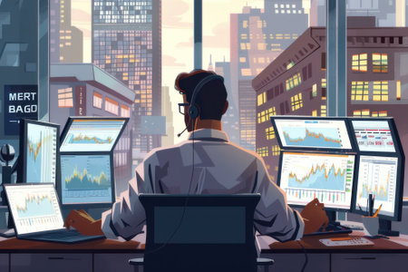 Flat design professional man trading in stock market background.の素材
