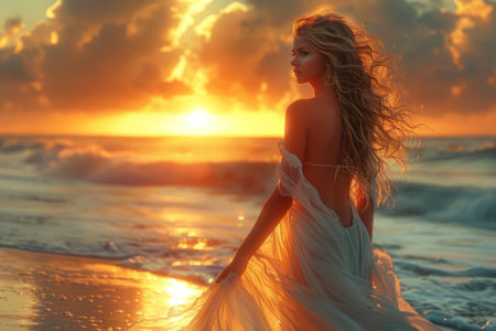 A woman at the beach standing with the sun light background.の素材