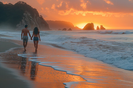 An in love couple on a romantic beach walking hand in hand along the shoreline at sunset.の素材