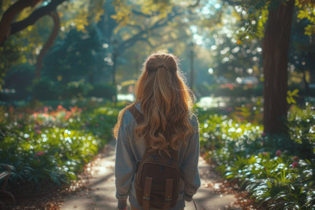 A woman practicing work life balance enjoying a leisurely stroll in a scenic park.の素材