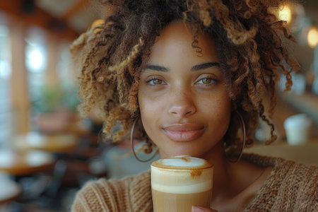 A woman in a cafe enjoying a moment of relaxation as she sips a frothy cappuccino.の素材