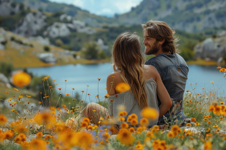 Couple enjoying a picnic in a sunlit meadow surrounded by wildflowers and a serene lake in the background.の素材