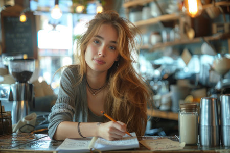 A woman in a cafe sketching in a notebook with a focused expression.の素材