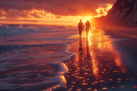An in love couple on a romantic beach walking hand in hand along the shoreline at sunset.の素材