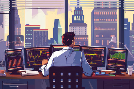 Flat design professional man trading in stock market background.の素材