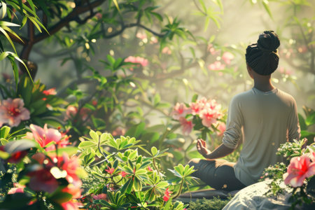 Woman meditating in lotus position in the garden with pink flowersの素材