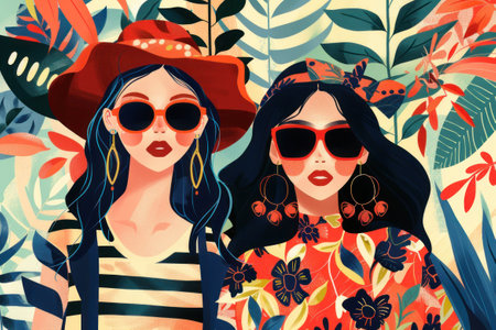 A modern and stylish illustration for mother day, showcasing a chic mother daughter duo in fashionable outfits.の素材