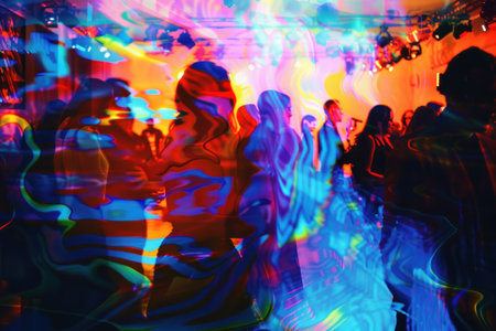 Vibrant party atmosphere featuring abstract patterns and bold colors to convey the energy and excitement of a celebration.の素材