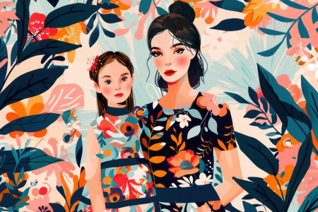 A modern and stylish illustration for mother day, showcasing a chic mother daughter duo in fashionable outfits.の素材