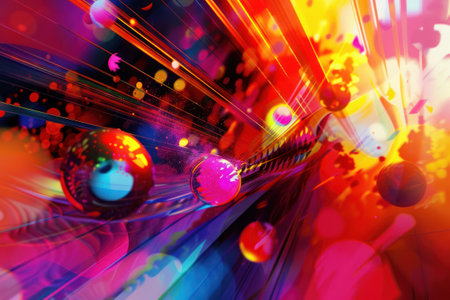 Vibrant party atmosphere featuring abstract patterns and bold colors to convey the energy and excitement of a celebration.の素材