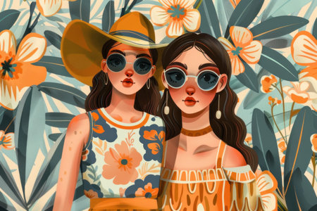 A modern and stylish illustration for mother day, showcasing a chic mother daughter duo in fashionable outfits.の素材