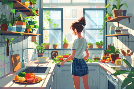 healthy woman preparing a colorful and nutritious salad in a modern kitchen.の素材