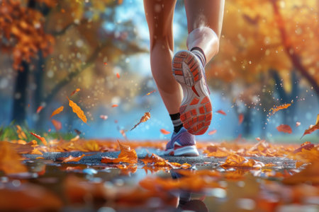 Healthy woman leading an active lifestyle, jogging in a picturesque park.の素材
