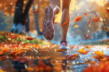 Healthy woman leading an active lifestyle, jogging in a picturesque park.の素材