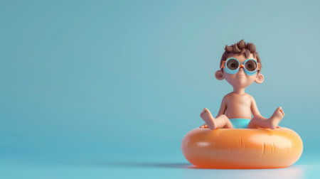 3D illustration of a cute boy sitting on an inflatable ring, wearing swimming goggles against a blue background.の素材