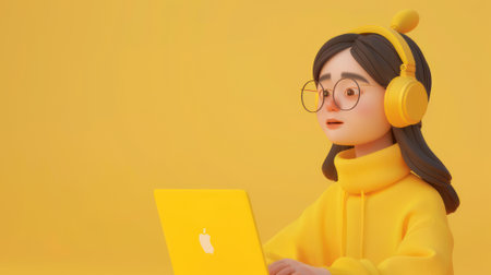 3d cute girl with yellow headphones and laptop on pastel background.の素材