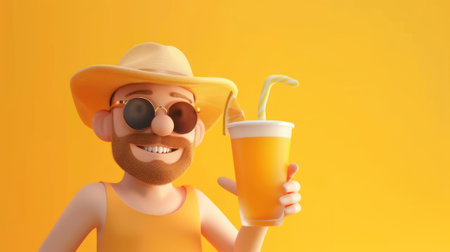 3D render of a happy man with a hat and sunglasses drinking orange juice in the summer.の素材