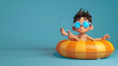 3D illustration of a cute boy sitting on an inflatable ring, wearing swimming goggles against a blue background.の素材