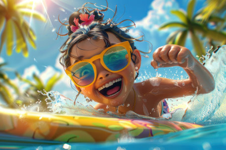 A little girl surfing on the beach wearing sunglasses and smiling happily with a tropical background.の素材