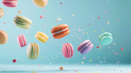 A colorful pastel background with flying macarons.の素材
