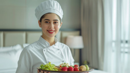 Culinary staff holding a platter of healthy food in a luxury hotel room.の素材