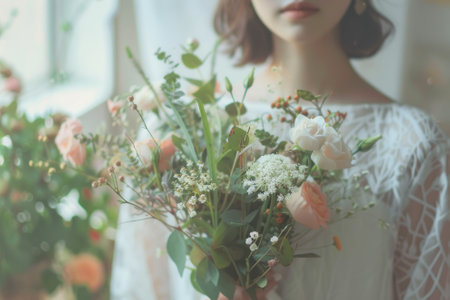 Close up of a woman holding a bouquet wearing a white wedding dress.の素材