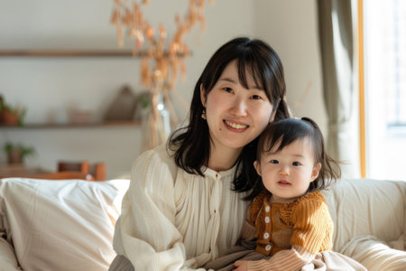 Mother holding her daughter in her arms smiling at the camera.の素材