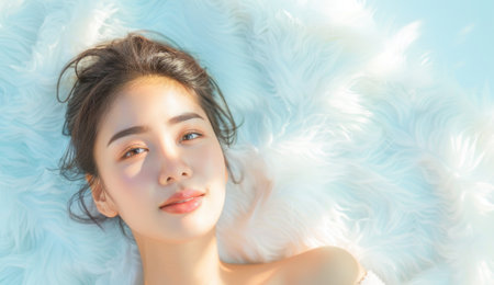 Beautiful asian woman lying on white fluffy bed, copy space for text banner for beauty and spa concept.の素材