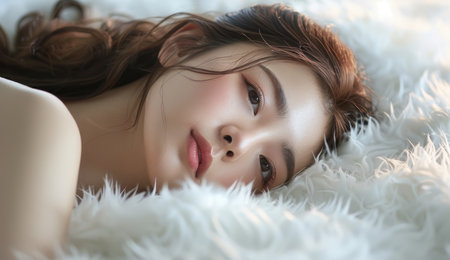 Beautiful asian woman lying on white fluffy bed, copy space for text banner for beauty and spa concept.の素材