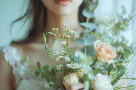 Close up of a woman holding a bouquet wearing a white wedding dress.の素材
