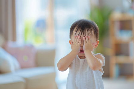 Cute Asian baby covers her eyes with both hands.の素材