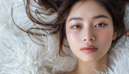Beautiful asian woman lying on white fluffy bed, copy space for text banner for beauty and spa concept.の素材