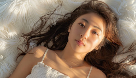 Beautiful asian woman lying on white fluffy bed, copy space for text banner for beauty and spa concept.の素材