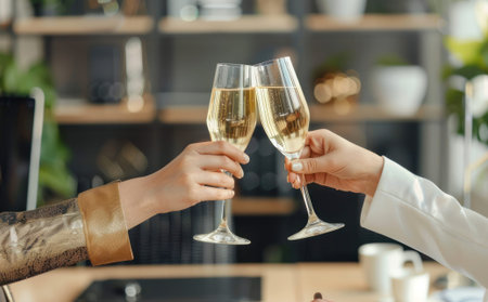 Close up of two business women clinking champagne glasses in an officeの素材