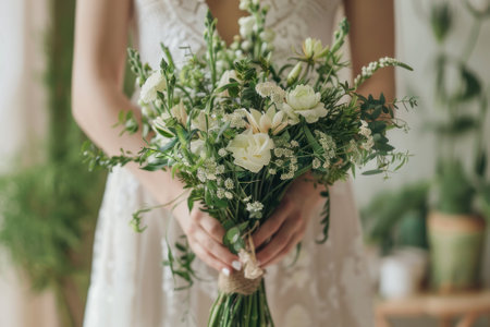 Close up of a woman holding a bouquet wearing a white wedding dress.の素材