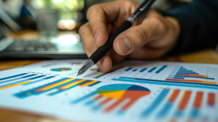 Close up of a businessman's hand holding a pen working with a financial chart and data on a desk in an office.の素材