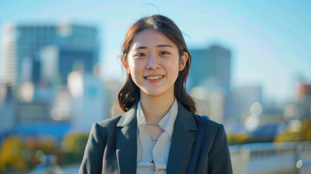 Young business woman standing with a cityscape background.の素材