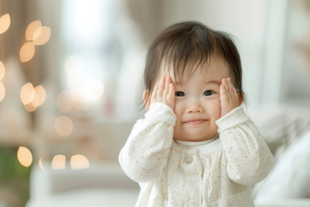 Cute Asian baby covers her eyes with both hands.の素材