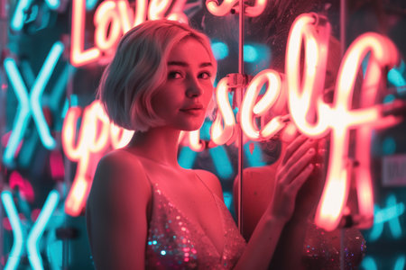 Beautiful blonde woman in an evening dress with her back against the background of a neon sign saying love yourself.の素材