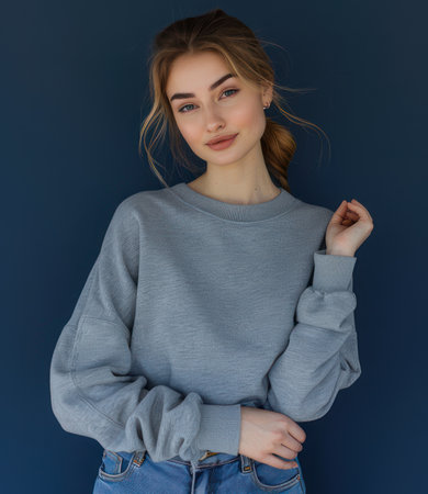 Beautiful woman in jeans and gray sweatshirt posing showing the camera with her right hand on dark blue background.の素材